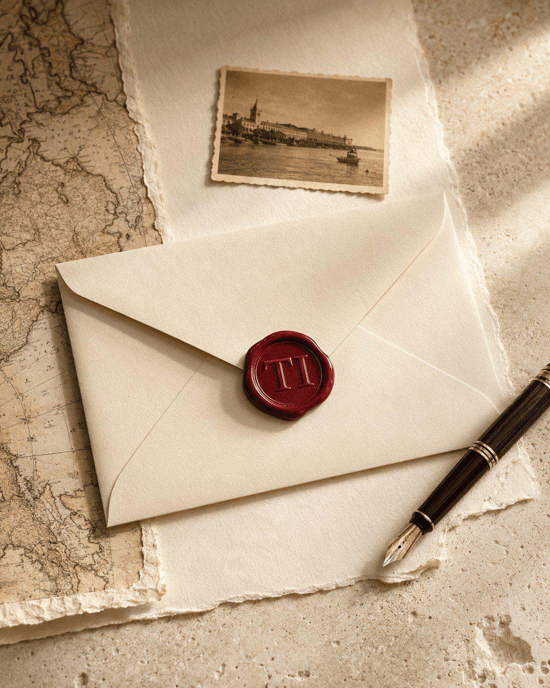 Cream archival envelope sealed with a red TI wax stamp beside a map and fountain pen